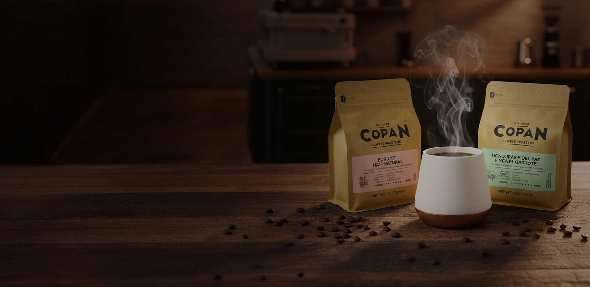 Copan roasted coffee bags and a cup of coffee