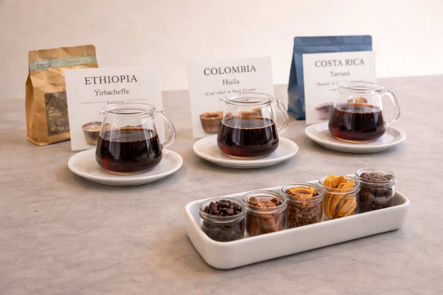 A selection of coffees prepared for tasting at Copan